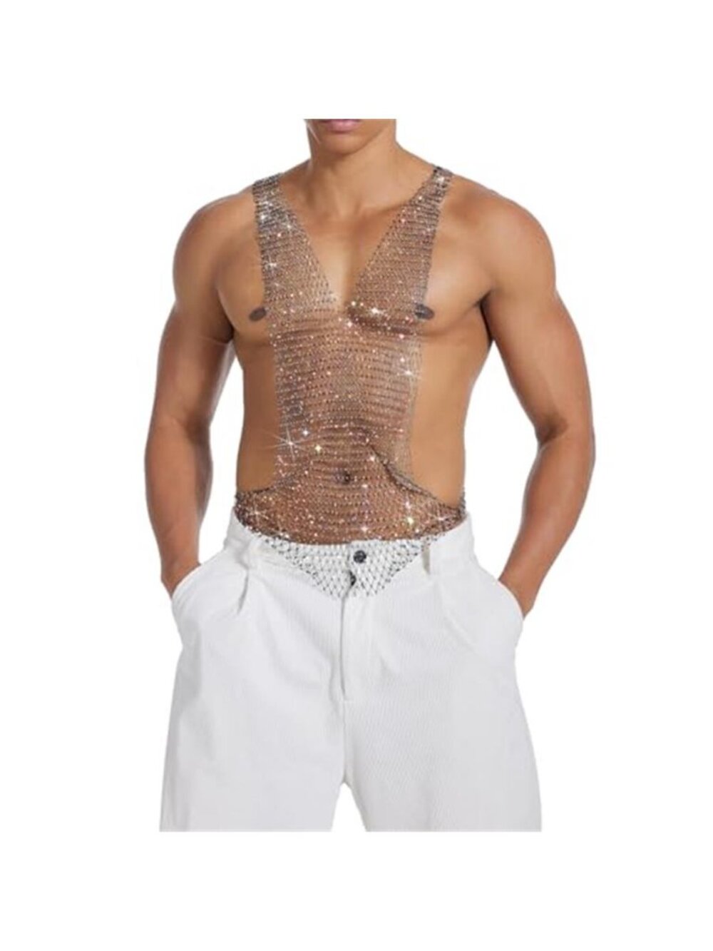 Rave Outfits For Men, Mens Sexy See Through Rhinestone Mesh Top Sparkly Fishnet